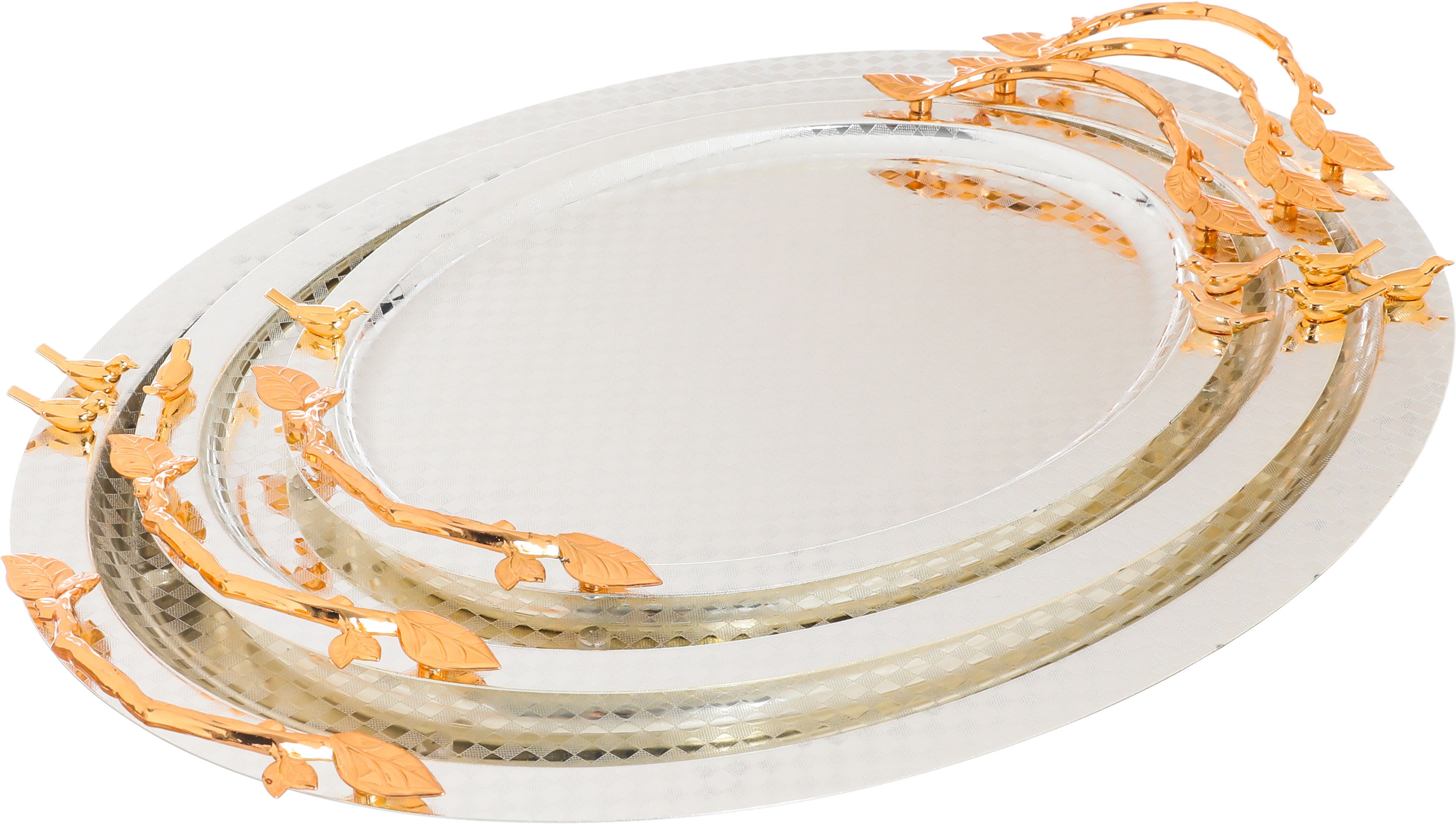 Al Saif Gallery steel tray set with a gold handle, 3 pieces, square pattern - silver product image
