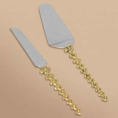 طقم سكين وملعقة تقديم الكيك استيل السيف غاليري، قطعتين، بمقبض بشكل ورود - فضي/ذهبي product image 1