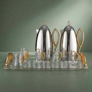 Al Saif Gallery Al Ola Thermos Set, 21 Pieces, with Tray, Tea & Coffee Cups - Silver Gold product image