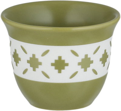 طقم فناجين قهوة عربي سعودي بورسلان السيف غاليري، 6 قطع، زخارف فنية - أخضر زيتي أبيض product image 2