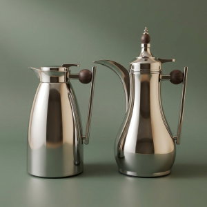 AlaaAl Saif Gallery Thermos Set, 1 Liter, Inner Glass, Pressure Cooker, Wooden Handle - Silver product image