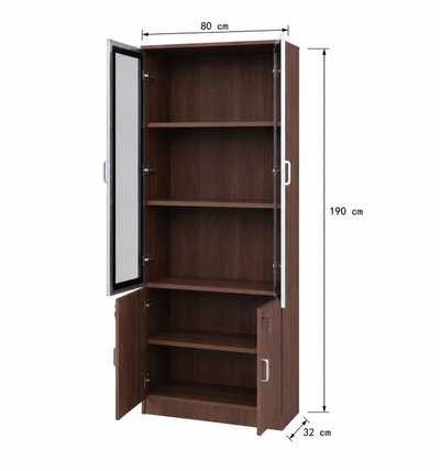 OW-110 MDF wood storage and display cabinet, 190×80×32 cm, 4 doors, 2 glass tops, 2 wooden bottoms, metal handles - Light Brown product image 3