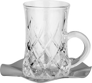 Glass cup and saucer serving set, 18 pieces, stainless steel saucers, 12 cm - clear silver product image 2