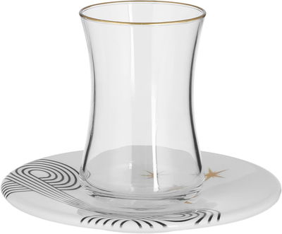 Al Saif Gallery glass teapot with porcelain saucer, two pieces, sun pattern - transparent and white product image 1