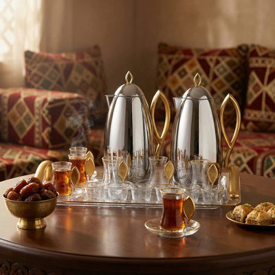 طقم ترامس العلا السيف غاليري، 21 قطعة، مع طوفرية، اكواب شاي و قهوة - فضي ذهبي product image 2