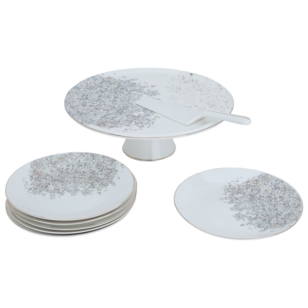 Porcelain cake server set, 12.25 cm, gray and gold pattern, 8 pieces - white product image 2