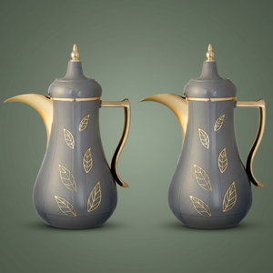 Al Saif Gallery Salma thermos set, 1 liter, golden pattern, thermal glass inner shell, plastic outer shell - dark gray product image