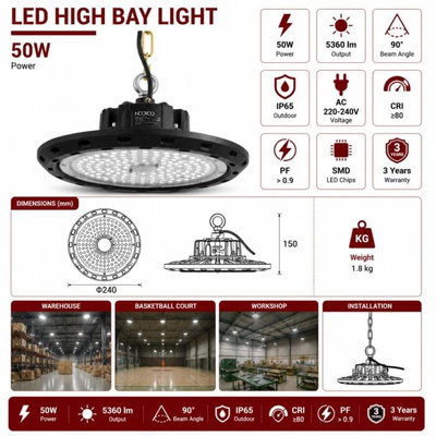 Norco High Bay Aluminum Glass Floodlight, 50W, 6500K, IP65 Protection Rating, LED Lighting, 15x24cm - Black product image 3