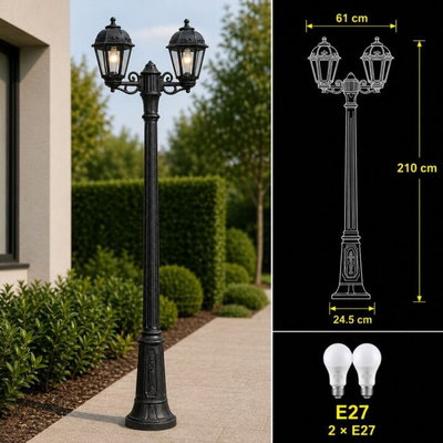 Double garden pole made of durable resin plastic, E27 bulb base, 61 x 210 cm - Black product image 2