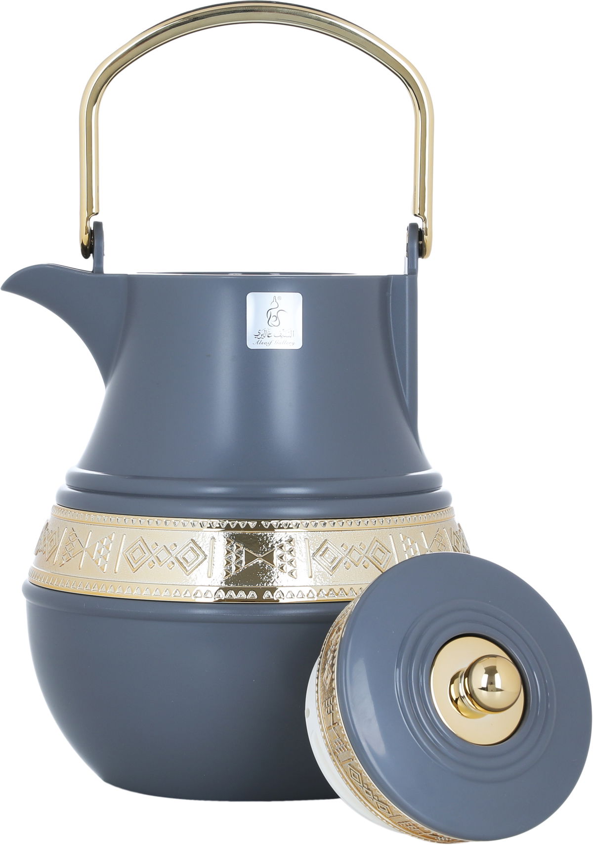 Al Saif Gallery Amal thermos set, 1 liter, gilded, two pieces, thermal glass inner shell, plastic outer shell - dark gray product image 9