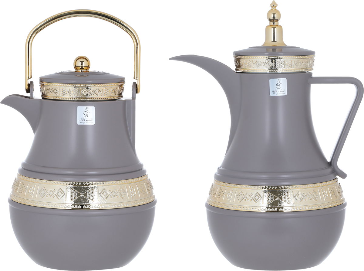 Al Saif Gallery Amal thermos set, 1/0.75 litre, two pieces, gilded, thermal glass inner shell, plastic outer shell - Cappuccino product image