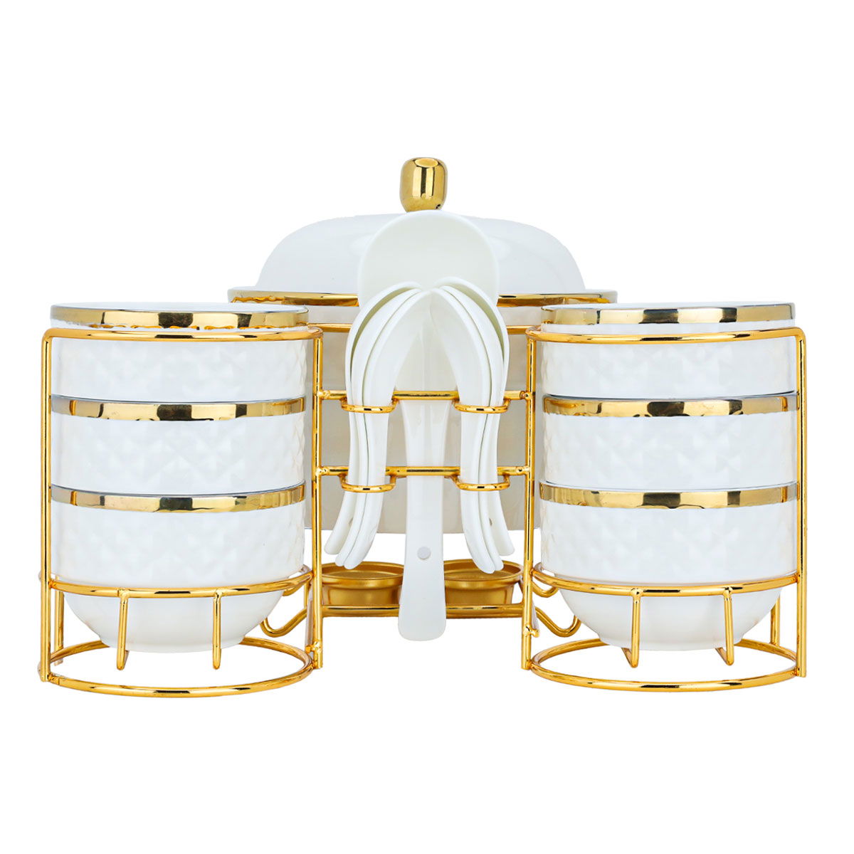 Al Saif Gallery Soup Heater Set With Porcelain Stand, 15 Pieces - Golden White product image