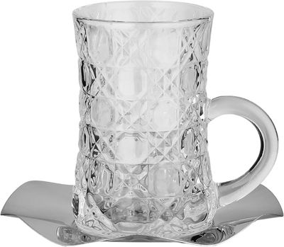 طقم تقديم فناجين وبيالات زجاج، 18 قطعة، صحون استيل، 12 سم - شفاف فضي product image 3