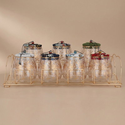 طقم علب بهارات زجاج السيف غاليري، غطاء، 8 حبات - ملون بستاند ذهب product image 1