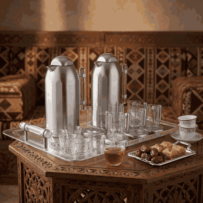 طقم ترامس ترحاب السيف غاليري، 21 قطعة، بيالات مع صحون، فناجين قهوة، طوفرية، يد شفاف - فضي شفاف product image 2