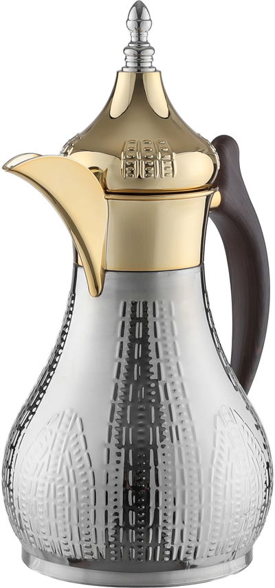 Al Saif Gallery Haila Thermos, 1.2 liters, wooden handle, steel inner case, steel outer case - silver gold product image 3