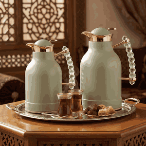 Al Saif Gallery Farida thermos set, 1/0.7 liter, two pieces, thermal glass inner container, steel outer shell - light green product image 2