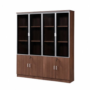 OW-110 MDF wood storage and display cabinet, 190×160×32 cm, 8 doors, 4 glass top doors, 4 wooden bottom doors with key lock, metal handles - dark brown product image 2