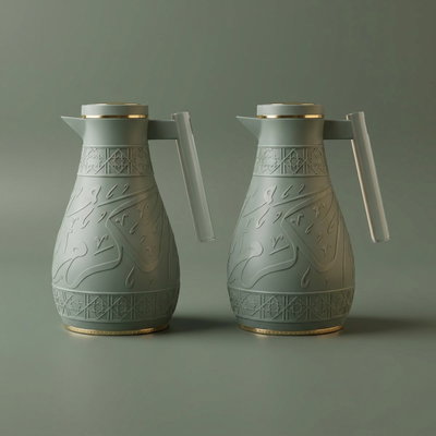 Al Saif Gallery Karam thermos set, 1/0.65 liter, Islamic pattern, thermal glass inner shell, plastic outer shell - green product image 1