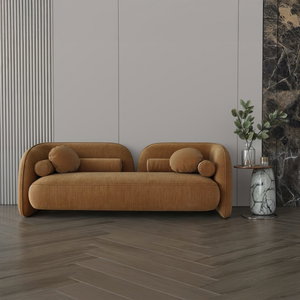Modern Swedish wood sofa, 225x78x43 cm, boucle fabric - light brown product image