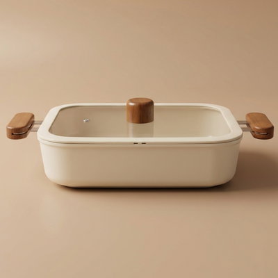 Tornado Ceramic Pot with Glass Lid, 30 x 23 x 7 cm, Wooden Handle - Beige product image 1