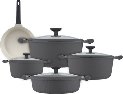 طقم قدور داي كاست الومنيوم روبوست، 9 قطع، غطاء زجاج، يد سيليكون - رمادي غامق product image 1