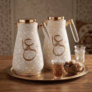 طقم ترامس علياء السيف غاليري، 0.75 /1لتر، قطعتين، حافظة داخلية زجاج حراري، هيكل خارجي استيل - بيج بذهبي product image 2