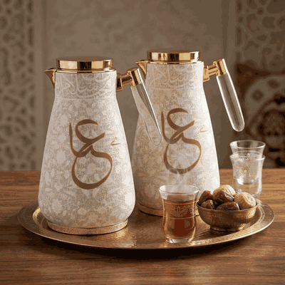 طقم ترامس علياء السيف غاليري، 0.75 /1لتر، قطعتين، حافظة داخلية زجاج حراري، هيكل خارجي استيل - بيج بذهبي product image 2