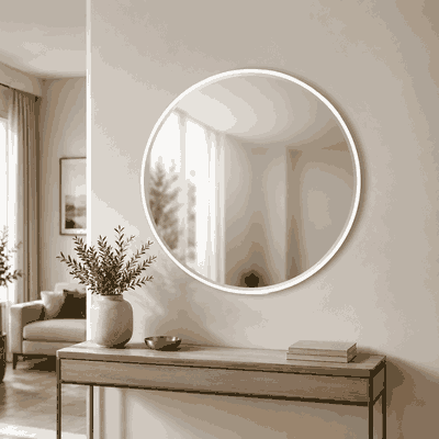 مراية دائرية زجاج، 90×90 سم، اطار معدن - ابيض product image 1