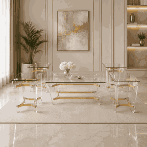 طقم طاولات زجاج و ستيل و اكرليك، 5 قطع - شفاف ذهبي product image