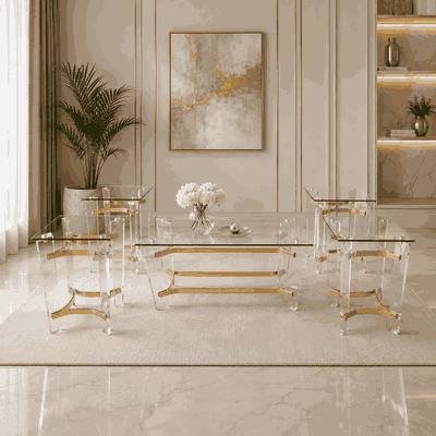 طقم طاولات زجاج و ستيل و اكرليك، 5 قطع - شفاف ذهبي product image 1