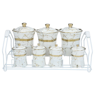 طقم علب بهارات بورسلان السيف غاليري، مذهب، 7 قطع، بستاند - أبيض رخامي product image 2