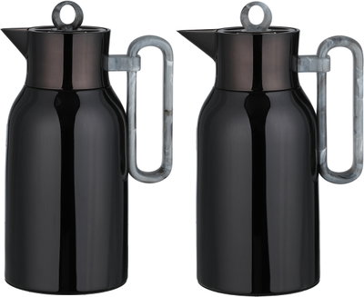 Al Saif Gallery Al Durra Thermos Set, 1/1 Liter, 2 Pieces, Glass Inner Container, Push Button, Marble Gray Handle - Glossy Black product image 2