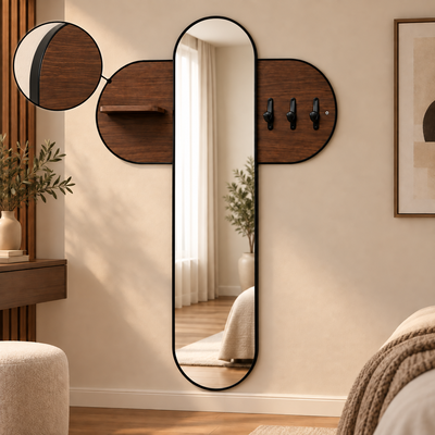 مرآة مدخل منزل زجاج، 80×120×30 سم، لوح تعليق خشبي، خطافات تعليق معدنية - بني product image 3