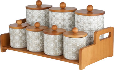 طقم علب بهارات مع استاند خشب بورسلان ون مور, 7 قطع، نقش بيج - ابيض خشبي product image 3