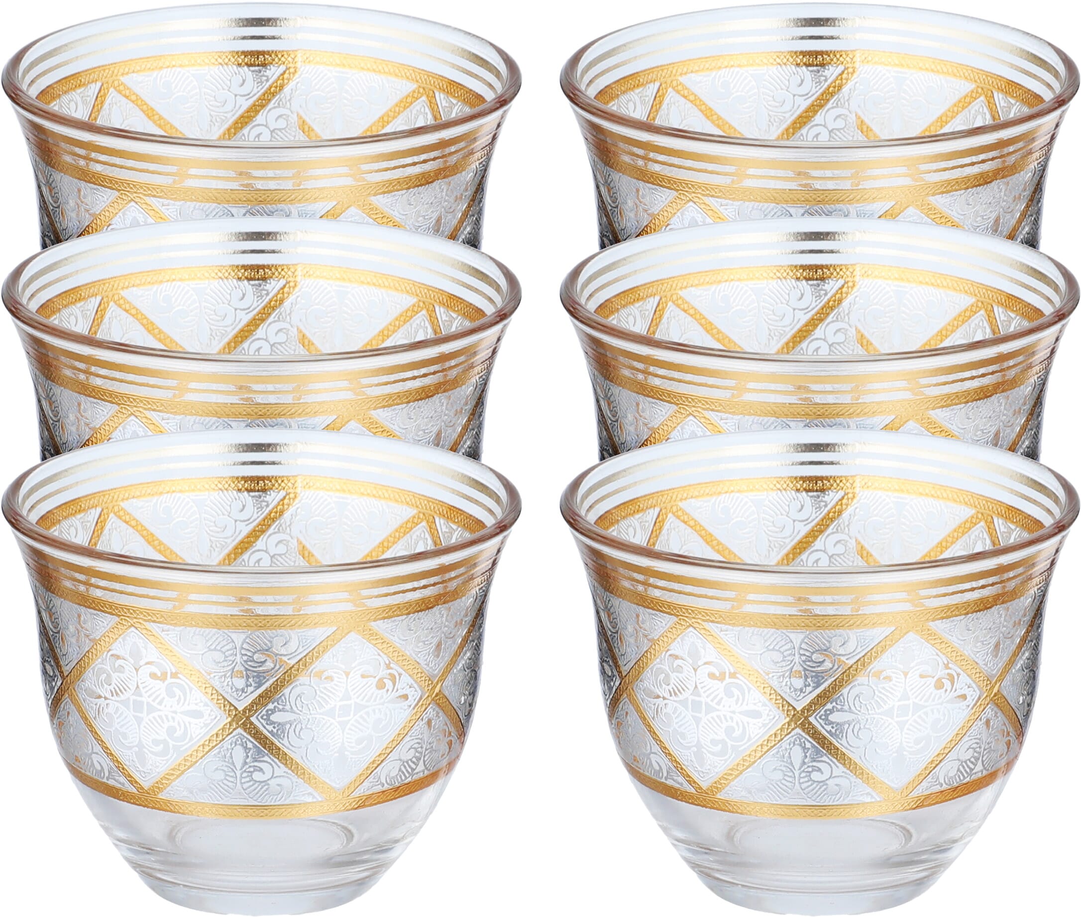 Al Saif Gallery Max Arabic Coffee Cups Set, 90 ml, Gold and Silver Embossed, 6 Pieces - Clear product image