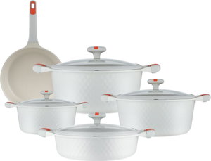 طقم قدور داي كاست الومنيوم روبوست، 9 قطع، غطاء زجاج، يد سيليكون - كريمي product image