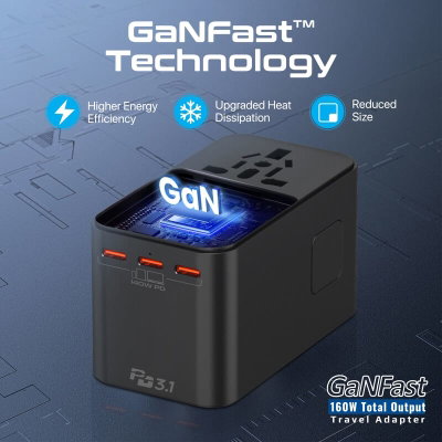 محول سفر مدمج بروميت تريب جان-160، 160 واط، 10 امبير، 4 منافذ - اسود product image 2