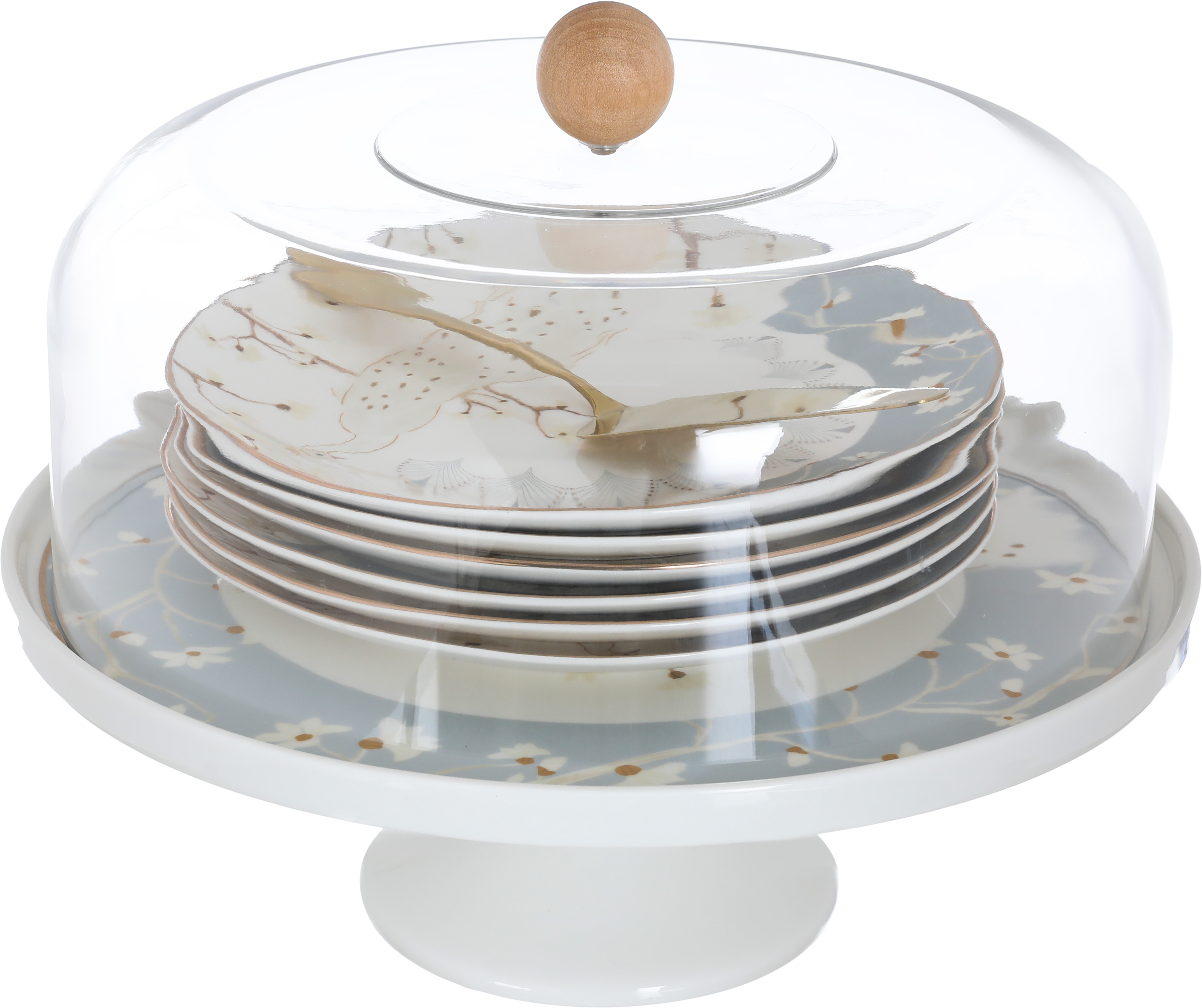 Alsaif Gallery Porcelain Cake Stand Set (Peacock), 9 Pieces, Plates, Lid, Chopping Spoon - White product image