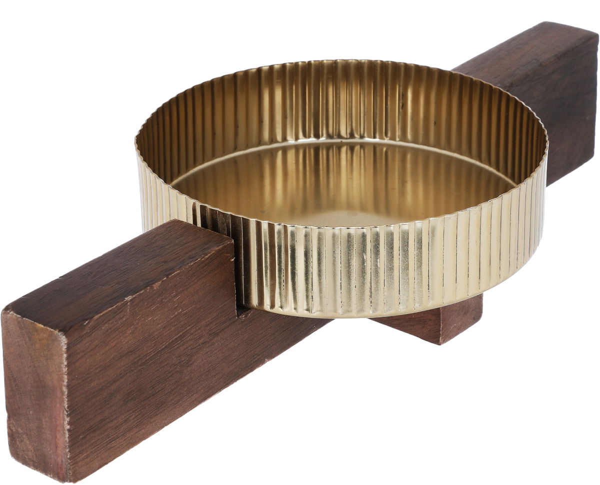 Al Saif Gallery steel serving plate, 9 x 16 x 32 cm, circular, with wooden base - gold product image 2