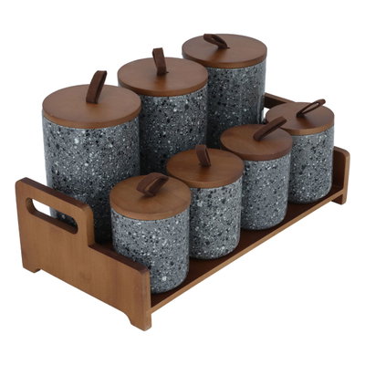 طقم علب بهارات بورسلان السيف غاليري، 7 قطع، حامل خشبي - أسود رخامي product image 3