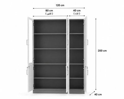 OW-11 MDF wood storage and display cabinet, 200×120×40 cm, 6 doors, 3 glass top doors, 3 wooden bottom doors with key lock, metal handles - white-grey product image 3