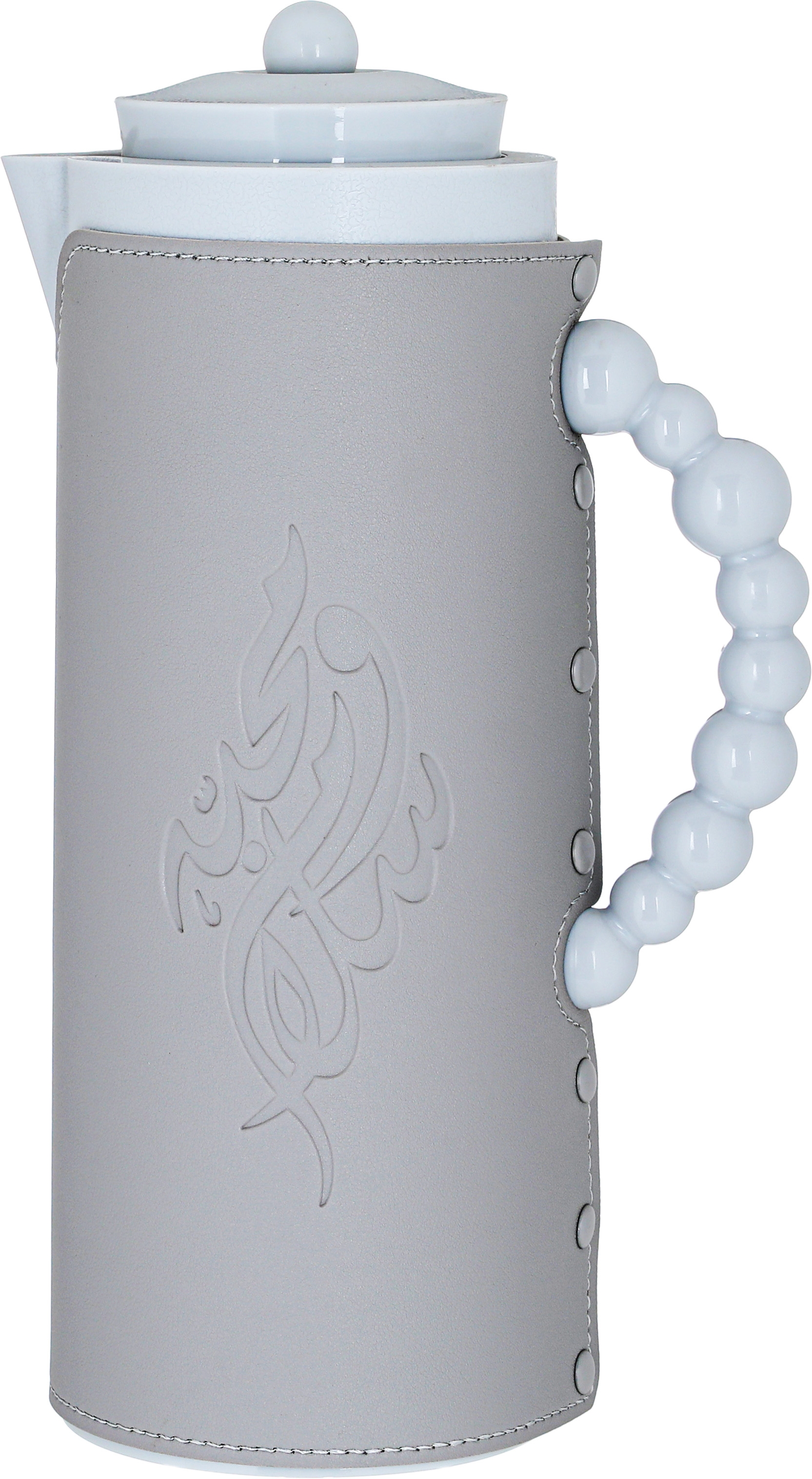 Al Saif Gallery Royal 7 glass thermos, 1 liter, with leather cover, glass inner shell, plastic outer shell - light gray product image 1