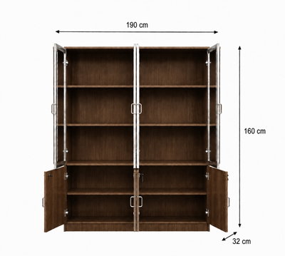 OW-110 MDF wood filing cabinet, 190×160×32 cm, 4 glass top doors, 4 wooden bottom doors, internal shelves - Dark Brown product image 3
