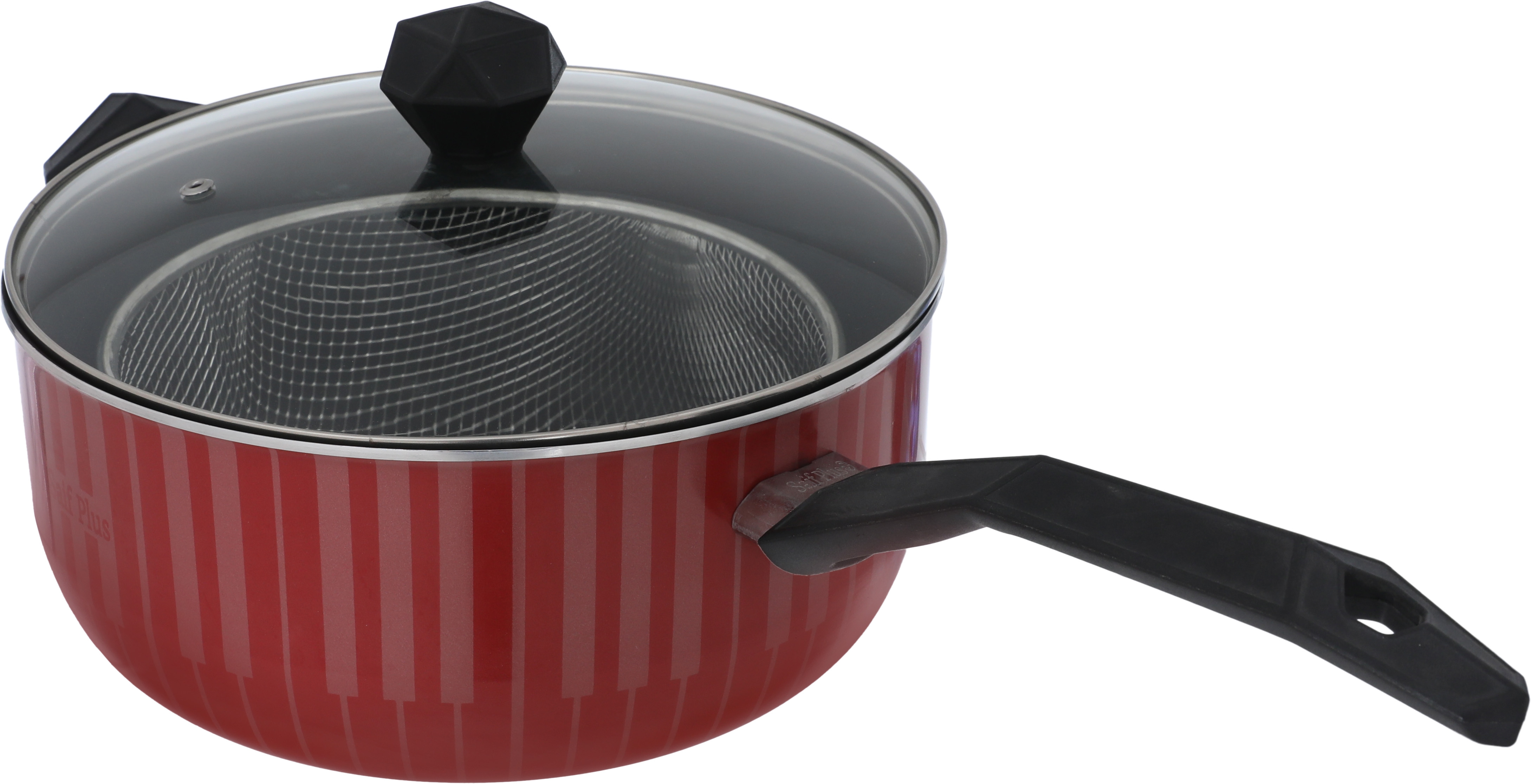 Alsaif Plus Teflon frying pan with strainer, glass lid with two handles, 24 cm - red product image 3