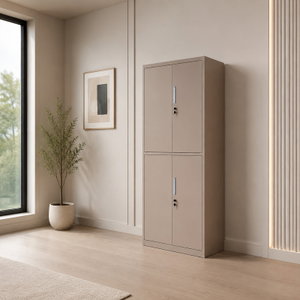 OW-009 Iron office cabinet, 185×85×40 cm, 2 upper doors, 2 lower doors, internal shelves, key lock - Dark Beige product image