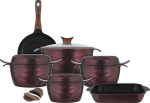طقم قدور جرانيت تيتانيوم نيوكلاين، 10 قطع، غطاء زجاج - احمر غامق product image