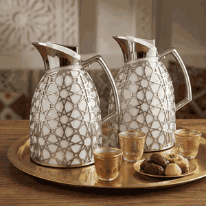 Al Saif Gallery Andalusia thermos set, 0.75/1 liter, Islamic pattern, glass inner case, plastic outer case - white and silver product image 2