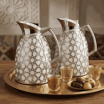 Al Saif Gallery Andalusia thermos set, 0.75/1 liter, Islamic pattern, glass inner case, plastic outer case - white and silver product image 2