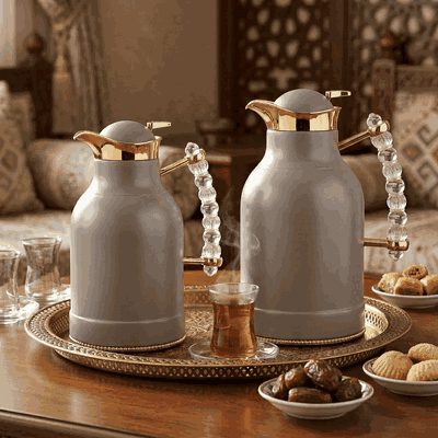 Al Saif Gallery Farida thermos set, 1/0.7 litre, transparent handle, two pieces, thermal glass inner case, steel outer case - Cappuccino product image 2